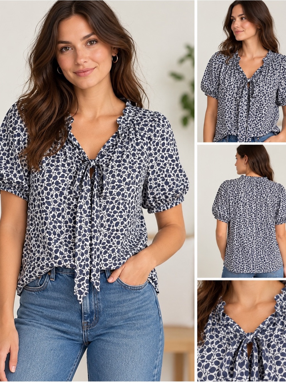 Gap, Women's Gray
and White Leafy Printed Tie-Neck Blouse, Short Sleeves, Large